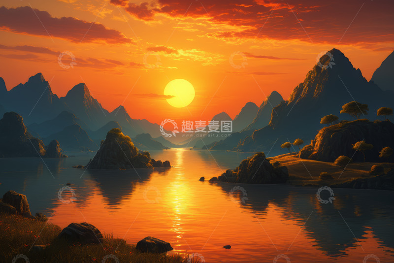 高清大图下载【趣麦麦图】山水间夕阳西下自然景观
