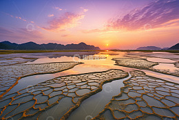 日落时分的水域与远山景观