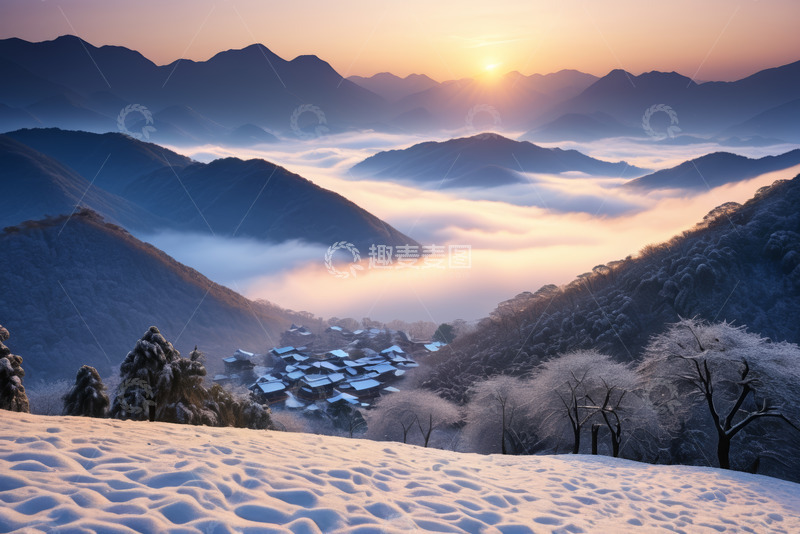 高清大图下载【趣麦麦图】雪山晨景下的村落风光