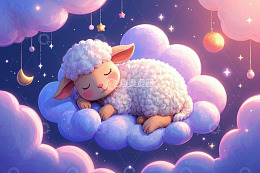 睡在云朵上的小羊插画