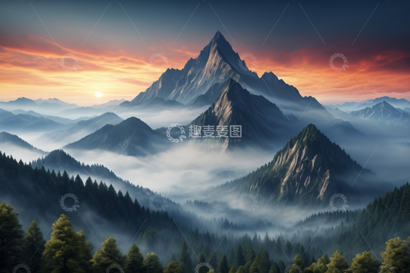 高清大图下载【趣麦麦图】日出时分群山与森林景观