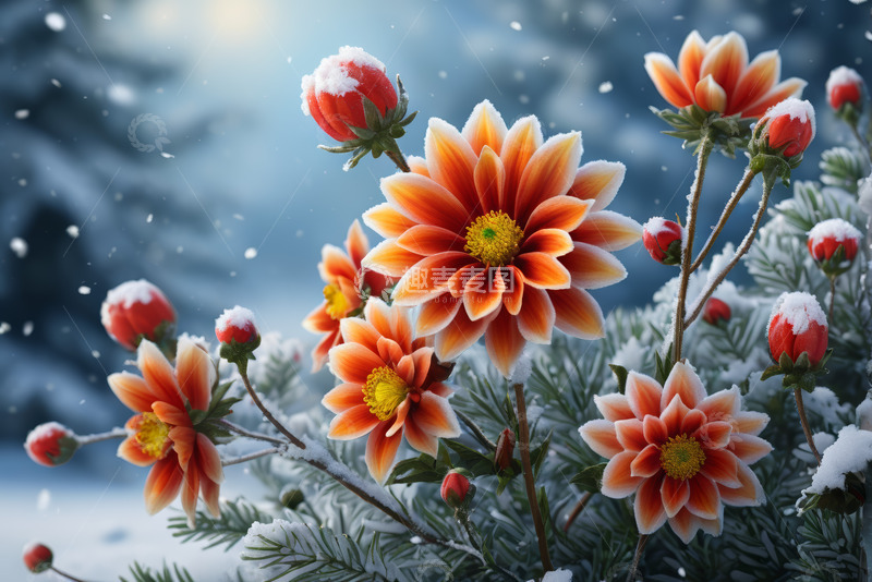 高清大图下载【趣麦麦图】雪中绽放的橙红色花卉