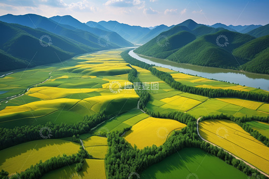 航拍山间农田河流自然风光