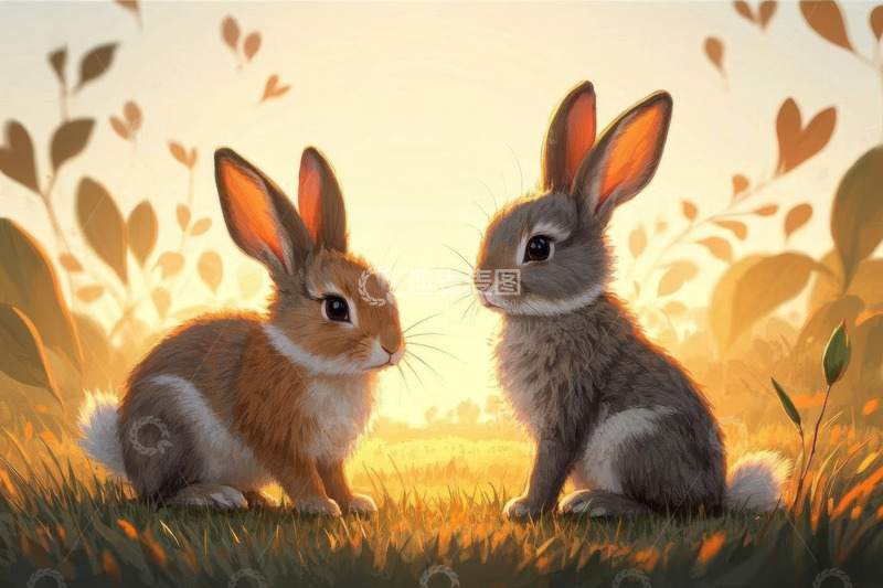 高清大图下载【趣麦麦图】夕阳下草地上的两只兔子