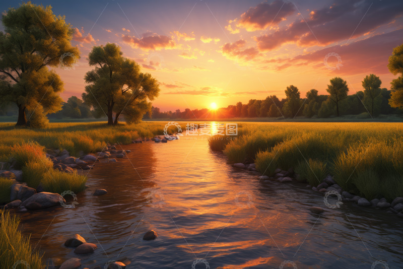 高清大图下载【趣麦麦图】河畔夕阳自然风光