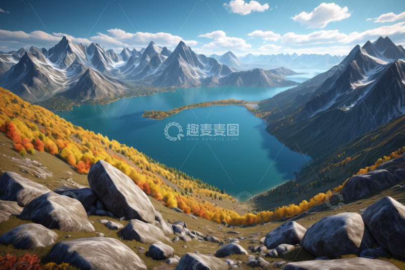 高清大图下载【趣麦麦图】秋日山间湖泊自然风光