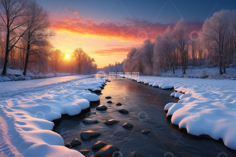 高清大图下载【趣麦麦图】冬日雪景中河流与落日景象