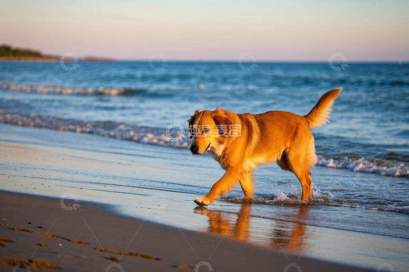 高清大图下载【趣麦麦图】金毛犬在海滩漫步