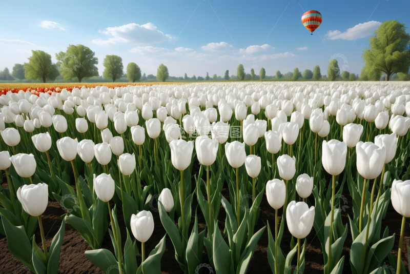 高清大图下载【趣麦麦图】白色郁金香花海与热气球景观