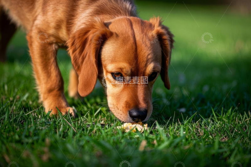 高清大图下载【趣麦麦图】棕色小狗草地进食画面