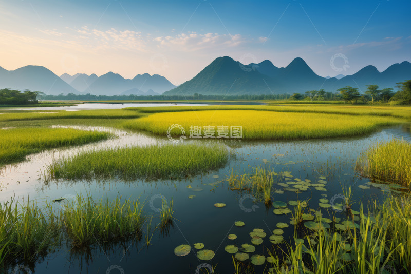 高清大图下载【趣麦麦图】山水间的田园湿地风光