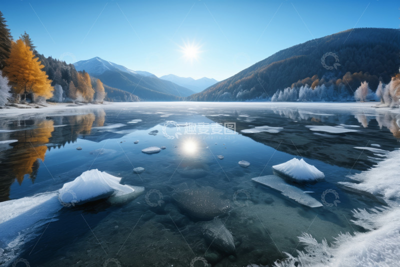 高清大图下载【趣麦麦图】冬日冰封湖泊与山林景观