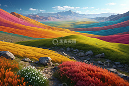 彩色山丘自然风光全景