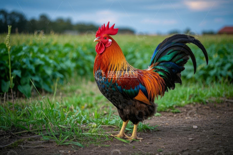 高清大图下载【趣麦麦图】田野上站立的彩色公鸡