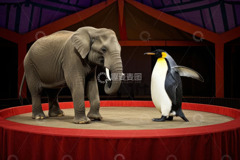 高清大图下载【趣麦麦图】大象与企鹅在马戏团场地互动