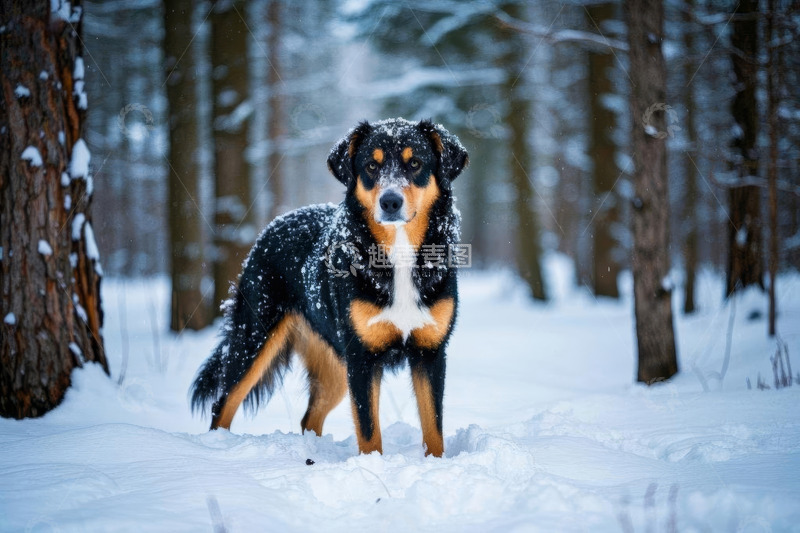 高清大图下载【趣麦麦图】雪地森林中的狗