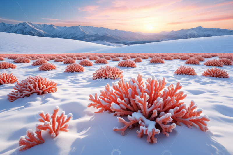 高清大图下载【趣麦麦图】雪地上的红色植物与雪山景观