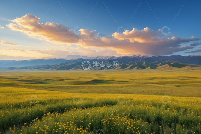 高清大图下载【趣麦麦图】草原花海与远山风景