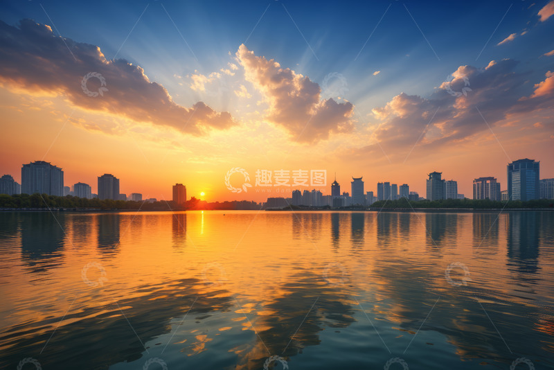 高清大图下载【趣麦麦图】城市日落时分湖畔高楼景观