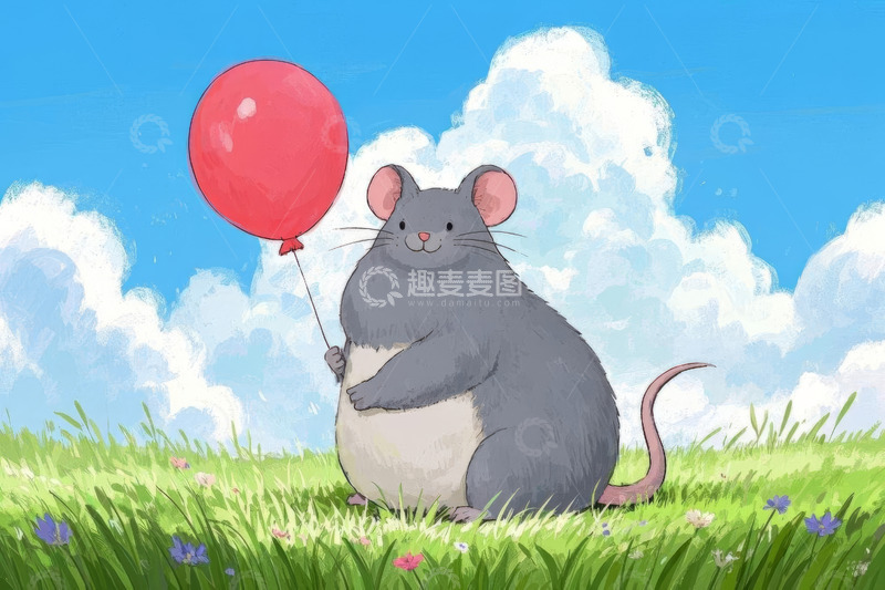 高清大图下载【趣麦麦图】草地上持气球的卡通老鼠