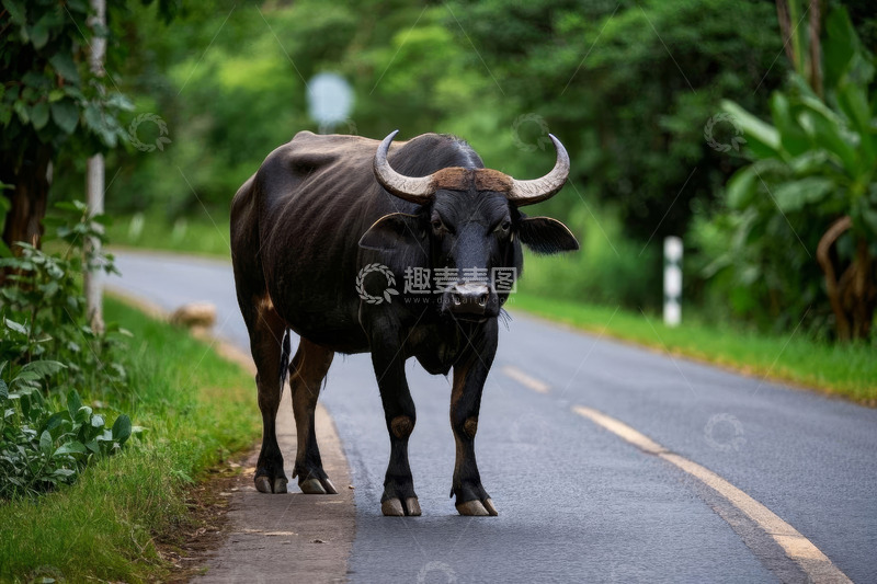 高清大图下载【趣麦麦图】公路上的水牛与绿色背景