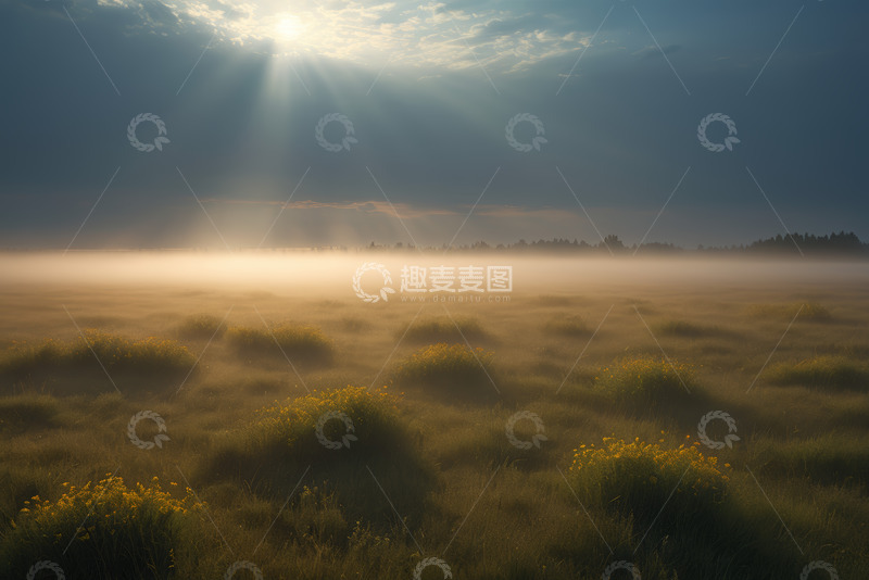 高清大图下载【趣麦麦图】晨雾笼罩的开阔草地与阳光