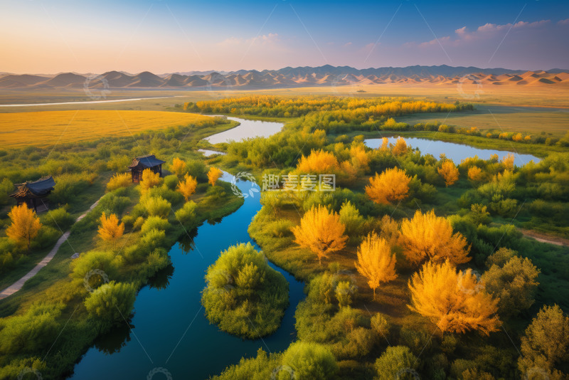 高清大图下载【趣麦麦图】秋季原野河流树林景观