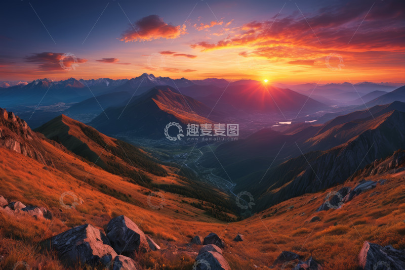 高清大图下载【趣麦麦图】山间日出壮丽景观