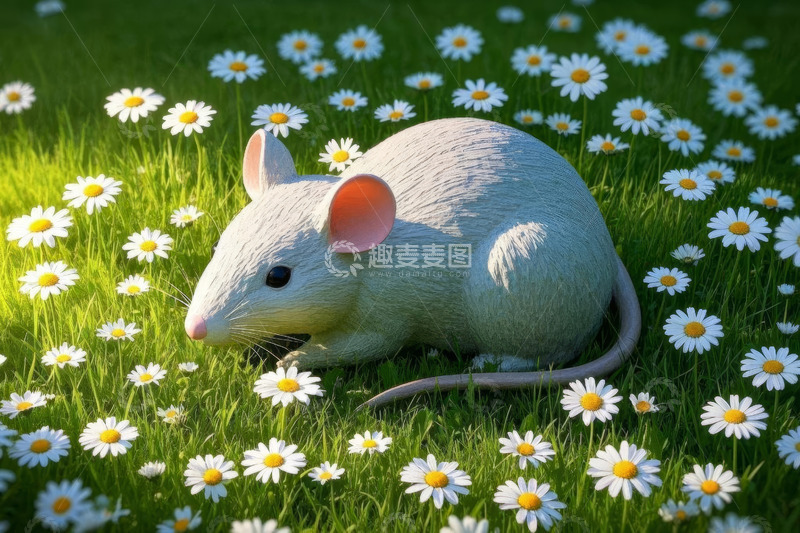 高清大图下载【趣麦麦图】草地雏菊中的白色老鼠