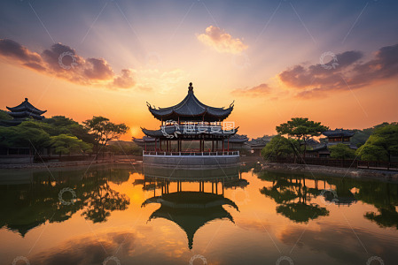夕阳下中式古亭与湖面倒影
