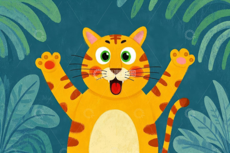 高清大图下载【趣麦麦图】卡通老虎张开双手欢呼