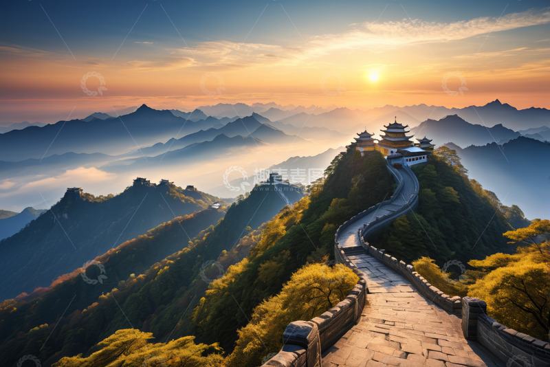 高清大图下载【趣麦麦图】日出时分长城与山峦景观