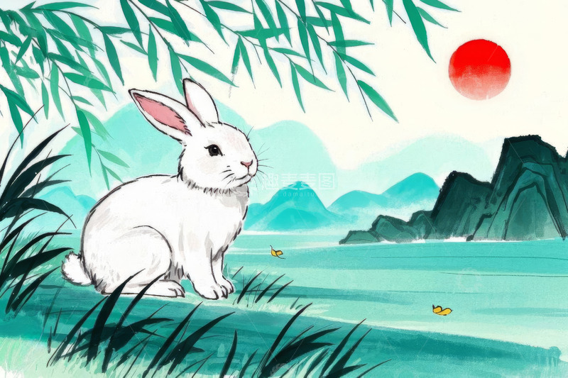 高清大图下载【趣麦麦图】白兔于山水间的国风插画