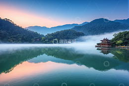 山水间带亭台的湖泊景色