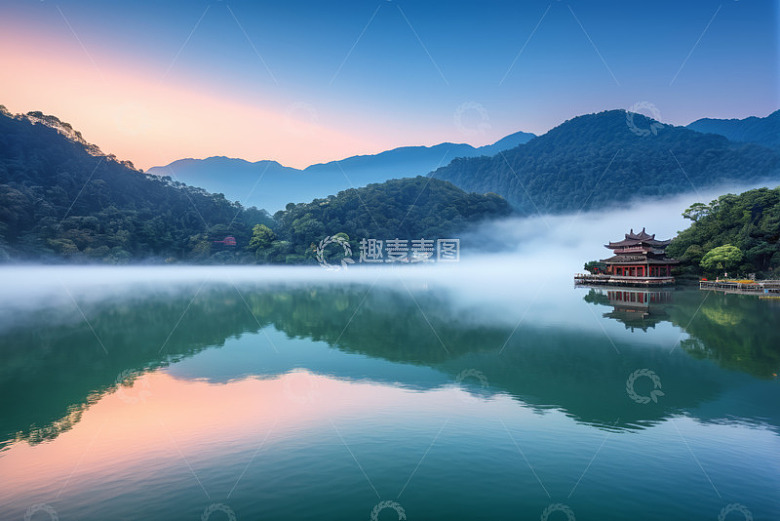 山水间带亭台的湖泊景色