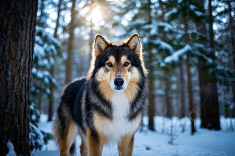 高清大图下载【趣麦麦图】雪地森林中的狗