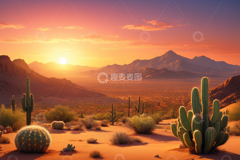 高清大图下载【趣麦麦图】沙漠日落仙人掌自然风光