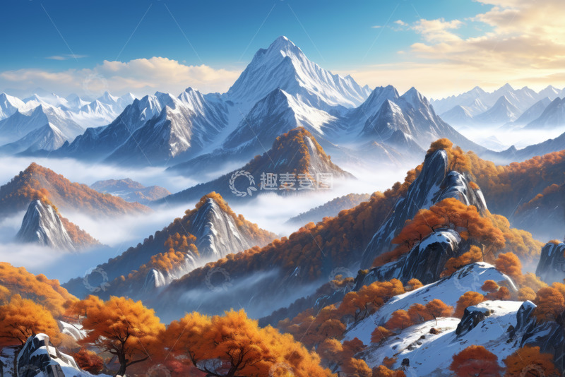 高清大图下载【趣麦麦图】秋日雪山与山林自然景观