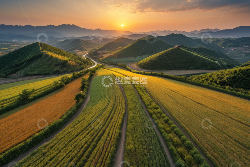 高清大图下载【趣麦麦图】田野丘陵间的日落风光