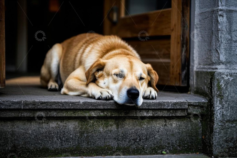 高清大图下载【趣麦麦图】门口趴着休息的黄色大狗