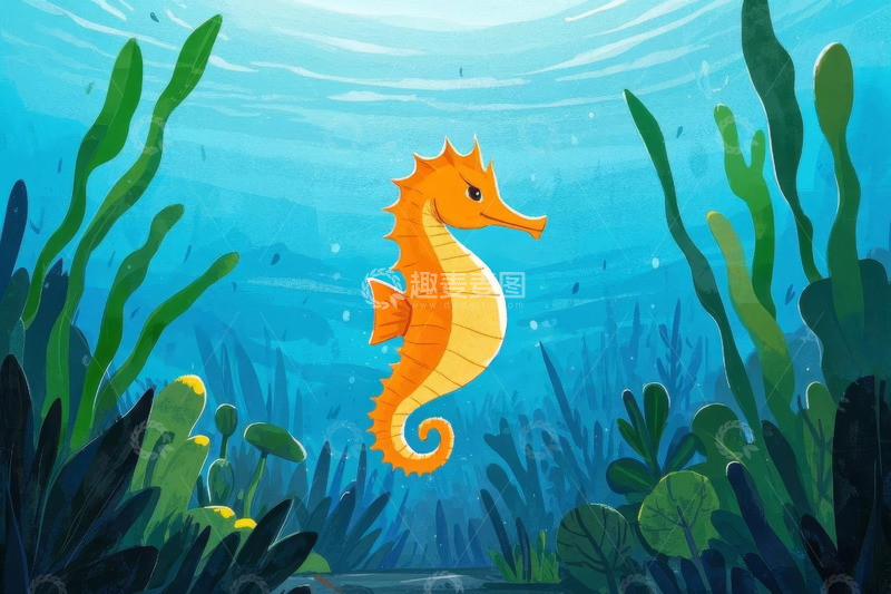 高清大图下载【趣麦麦图】海底橙色海马与海洋植物