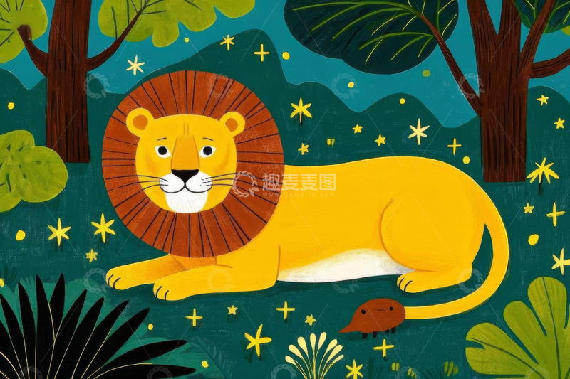高清大图下载【趣麦麦图】森林中休憩的狮子插画
