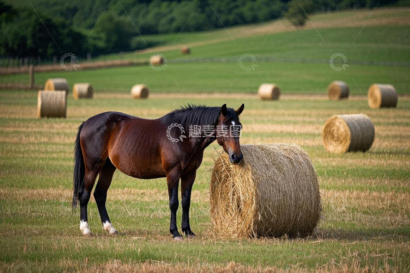 高清大图下载【趣麦麦图】田野中马匹靠近干草垛场景