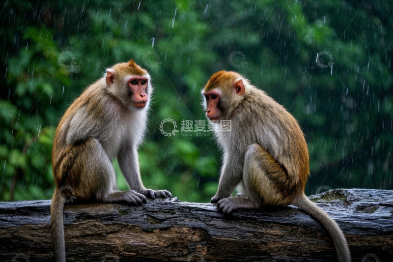 高清大图下载【趣麦麦图】雨中两只猴子坐于木头上