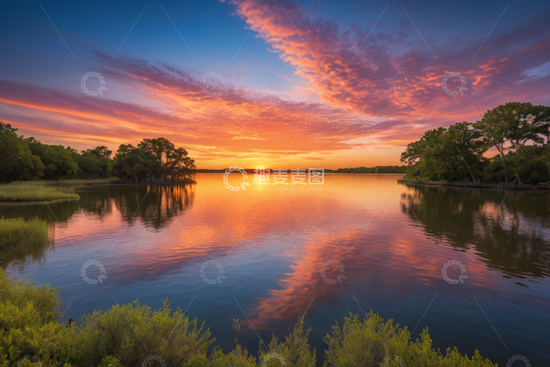高清大图下载【趣麦麦图】湖畔绚丽晚霞自然风光