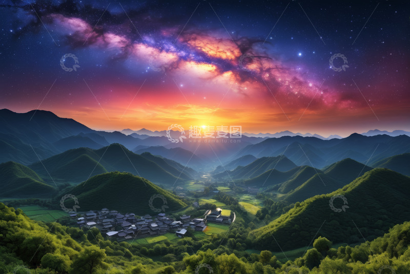 高清大图下载【趣麦麦图】山间日出星空下的村落景观