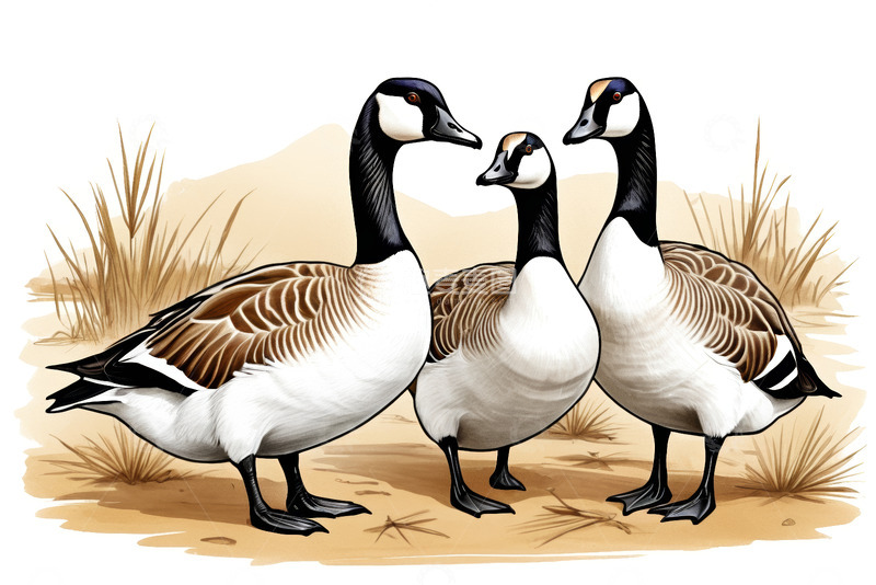 高清大图下载【趣麦麦图】三只加拿大鹅站在草地