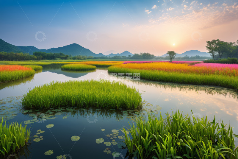 高清大图下载【趣麦麦图】日出时分田野湖泊自然风光
