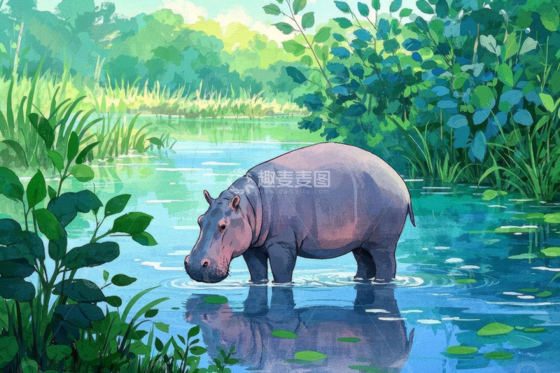 高清大图下载【趣麦麦图】河马在水中的自然场景