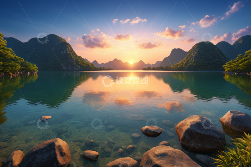 高清大图下载【趣麦麦图】山水间日落自然风光
